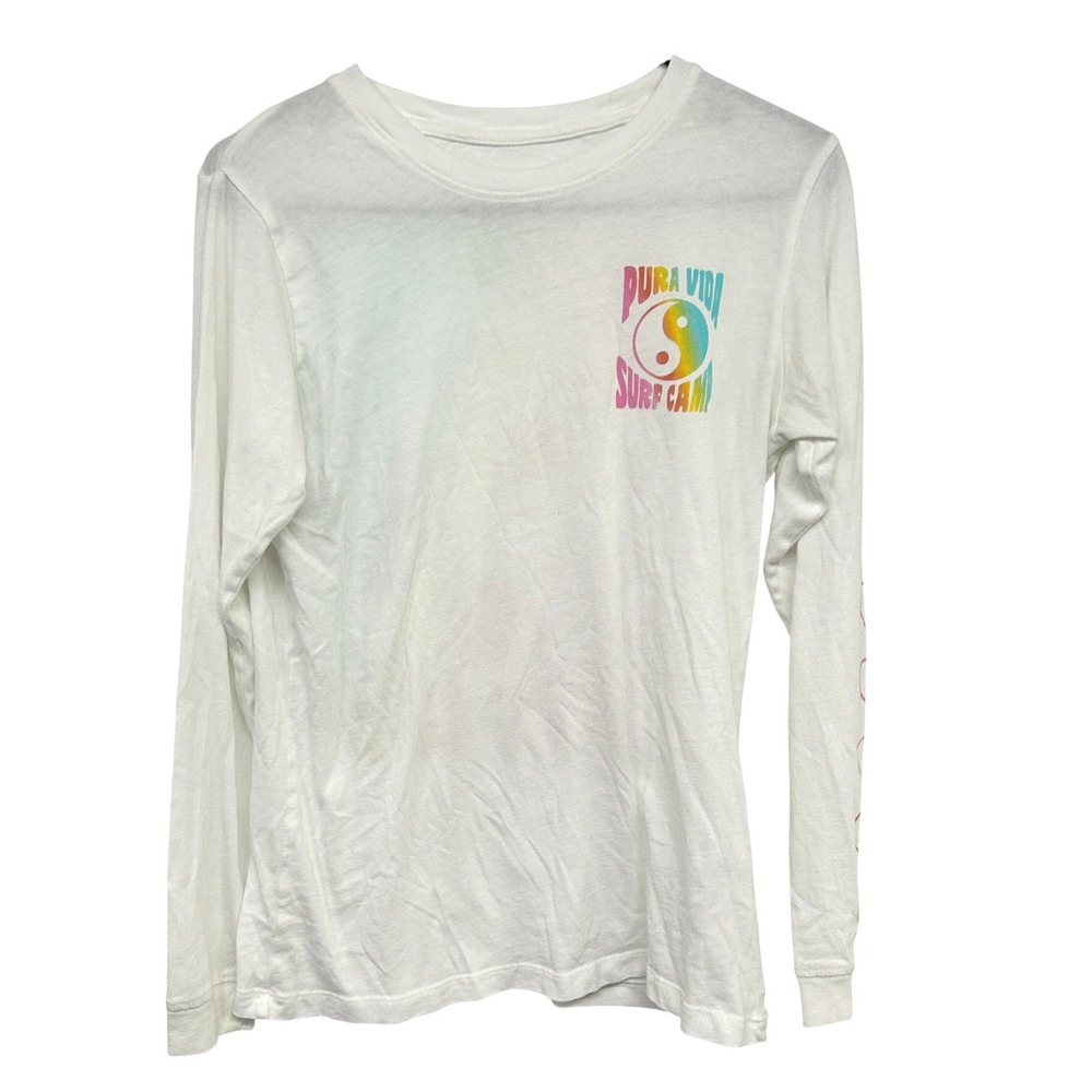 Pura Vida Surf Camp Long Sleeve Tee XS White Rainbow Beachy Y2K Coastal